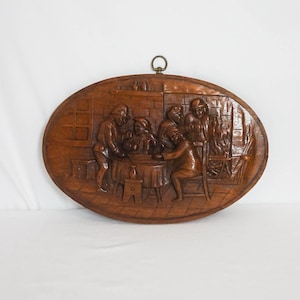 Carved Wood Colonial Tavern Plaque / Vintage Antique Wood Sculpture Art