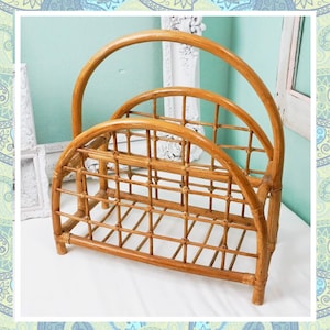 Rattan Magazine Rack / Vintage Tropical Beach House Decor / MCM Furniture Storage /Mid Century Bent Wood Bamboo