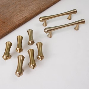 Set of Modern Drawer Handles and Cabinet Knobs / Smooth Satin Brass Handles / Vintage Salvage Renovation Hardware