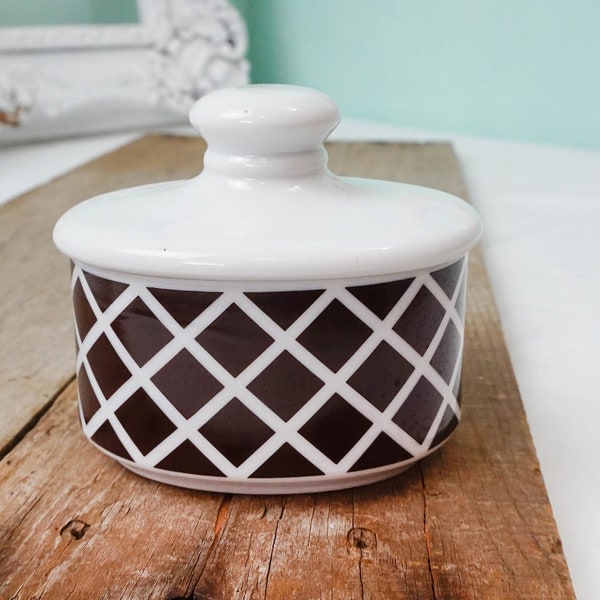 Small Porcelain Lidded Jar / Country Trellis Brown and White / Vintage Garden Lattice Pattern / Bathroom Storage Canister