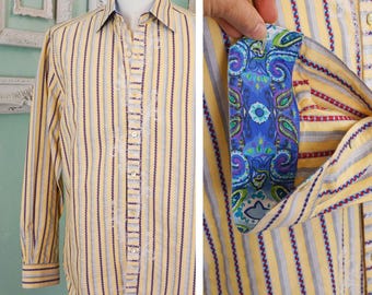 Beautiful Robert Graham Yellow and Blue Striped Dress Shirt / Vintage Long Sleeve Men Boho Clothing