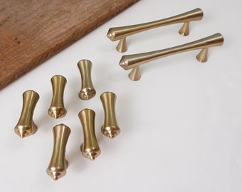 Set of Modern Drawer Handles and Cabinet Knobs / Smooth Satin Brass Handles / Vintage Salvage Renovation Hardware