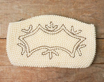 White Beaded Clutch with Deco Style / Small Vintage Purse / Womens Formal Wedding Prom 40s 50s