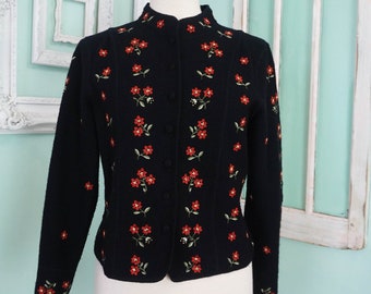 Talbots Womens Felted Wool Jacket with Red Embroidered Flowers / Boho Dressy Coat Size Small