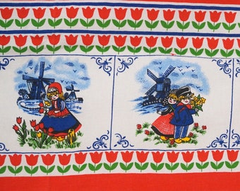 Little Dutch Boy and Girl Tablecloth / Red and White Vintage Kitchen Linens Delft Windmills Design / Rectangular Table Cloth 36" x 52"