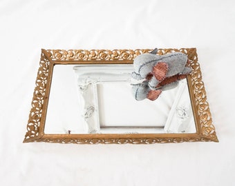 Rectangular Pierced Metal Vanity Mirror Tray / Vintage Boudoir Decor 15" x 10" / Hollywood Glam Display