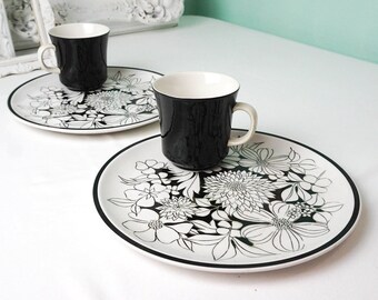 Set of Two Snack Plate and Mug Set / Black and White Cera Stone by Jonas Roberts Nocturne 3173 / Vintage Mod Table Setting