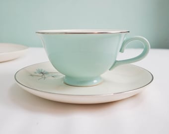 Blue Lace by Taylor Smith Dinnerware / Dessert Plates or Cup & Saucer / Vintage MCM Replacement Dishes / Retro Turquoise Floral Tableware