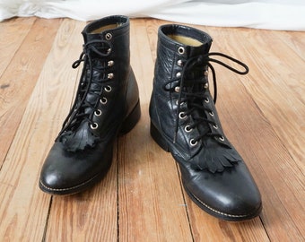 Justin Black Leather Lace Up Roper Boots Size 4 / Western Steampunk Costume / Vintage Ankle Boots