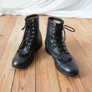 Justin Black Leather Lace Up Roper Boots Size 4 / Western Steampunk Costume / Vintage Ankle Boots