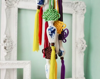 Choose TWO Porcelain Chinese Ornaments with Tassel / Vintage Asian Theme Decor / Hanging Fan or Light Pull