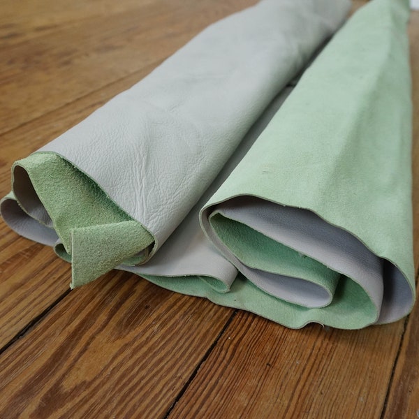 Spinneybeck Leather Various Large Pieces Pale Green Suede for Craft / Soft Upholstery Fabric / Vintage Sewing Tailoring