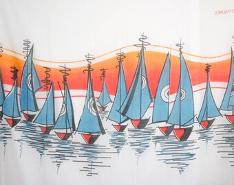 Huge Sheer Scarf MCM Wall Hanging / Ile Maurice Mauritius / Saiboats Print / Vintage Travel MCM Island Art