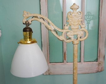 Antique Floor Lamp / Jadeite Glass / Ornate Steel Reading Lamp Milk Glass Shade / Shabby White Painted Metal / All New Wiring