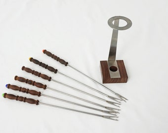 Mid Century Mod Wood and Stainless Fondue Forks with Stand / Vintage 70s Party Serving