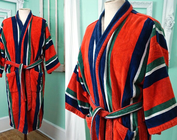 Thick Mens Terrycloth Robe / Red Blue Green Stripe / Vintage Etsy