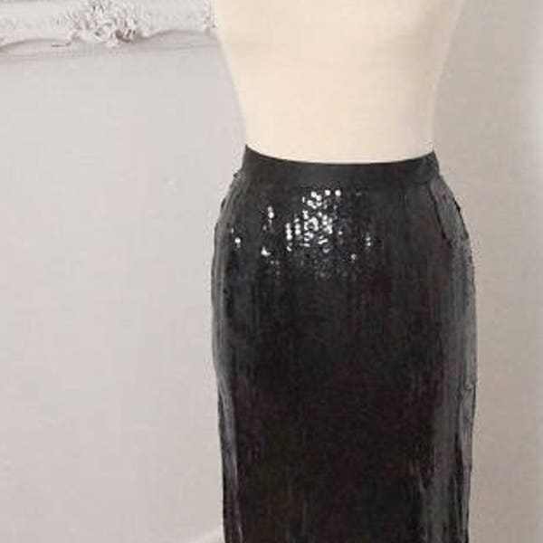 Vintage Victor Costa Long Black Sequin Skirt with Thigh High Slit