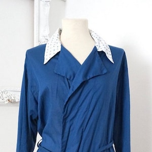 Blue Menswear Robe with White Cuffs and Collar / Vintage Bath Dressing Gown