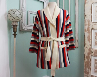 Mod Striped Acrylic Womens Wrap Cardigan / Vintage Boho Sweater