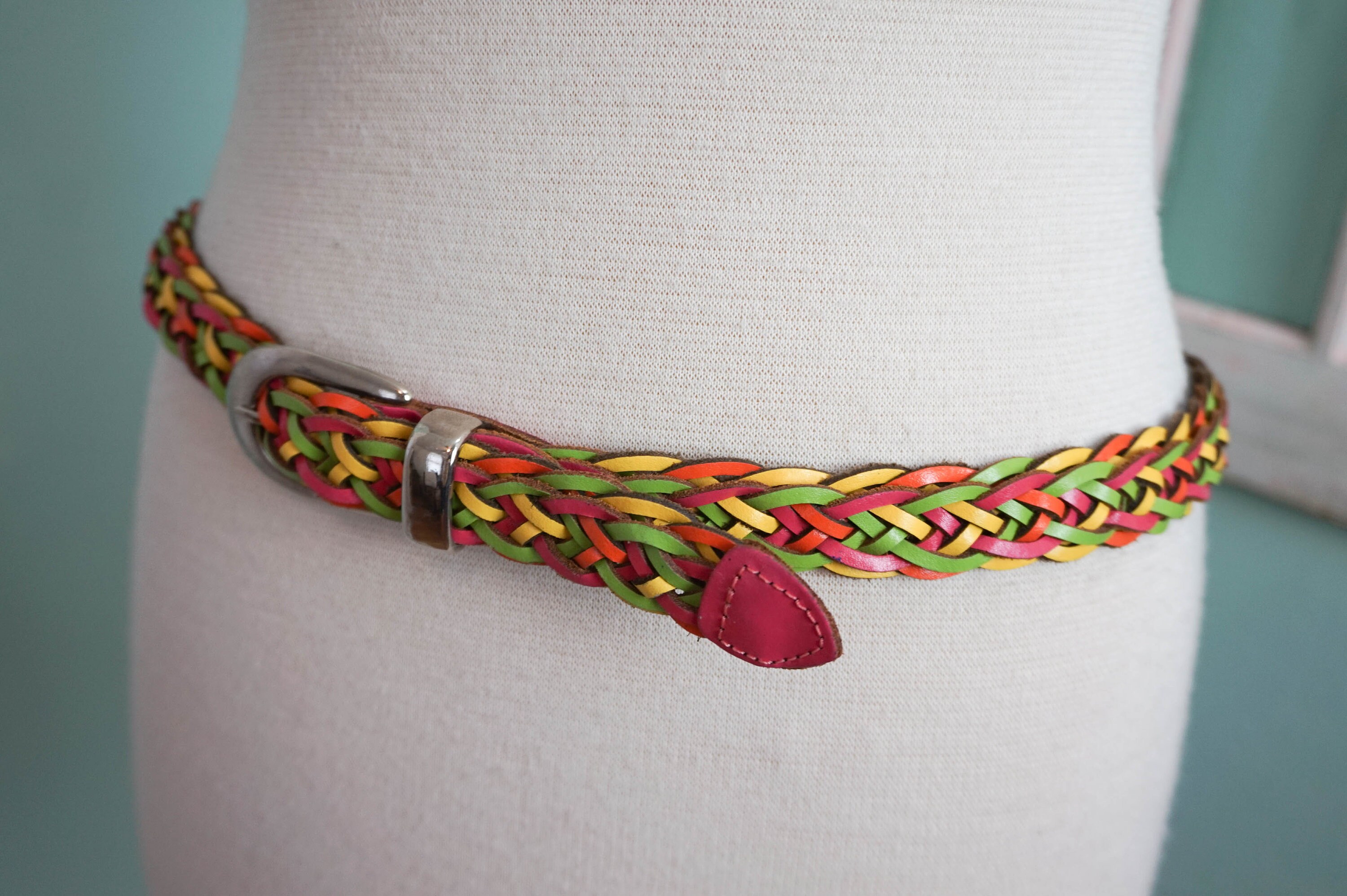 VINTAGE Leather Woven Rainbow‎ Textile Belt Size 42 Large XL Artsy Boho Womens Rainbow Braided Corded 90 main image 2