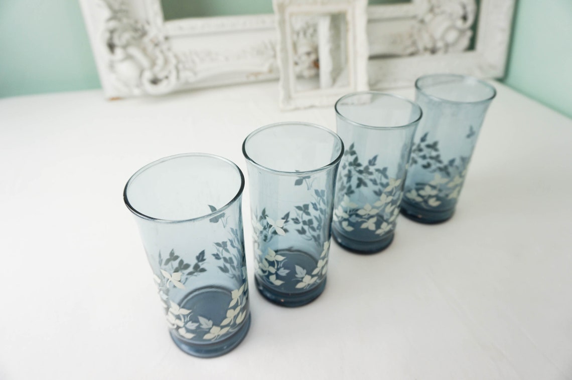 Set of 4 Blue Drinking Glasses / Vintage Table Barware Etsy