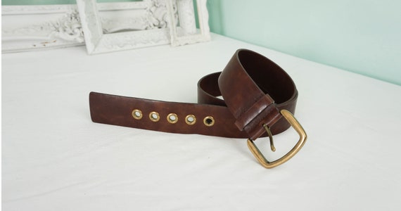 Soft Boho Leather Belt With Brass Rivets and Buckle / Vintage Sz 38 