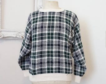 Bill Blass Vintage Cotton Sweater Blue Green White Plaid Check Men Sz Medium