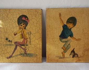 Two Vintage Plaques / Columbian Children 60s Art / Pair of Kids Prints / Childs Room Decor