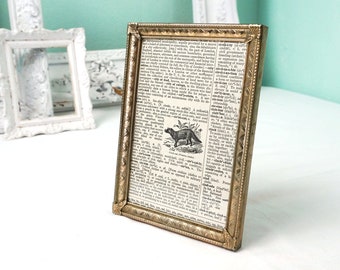 5" x 7" Narrow Brassy Embossed Metal Picture Frame for Wedding Portrait or other Picture / Vintage Shabby Glam Desk Photo Display