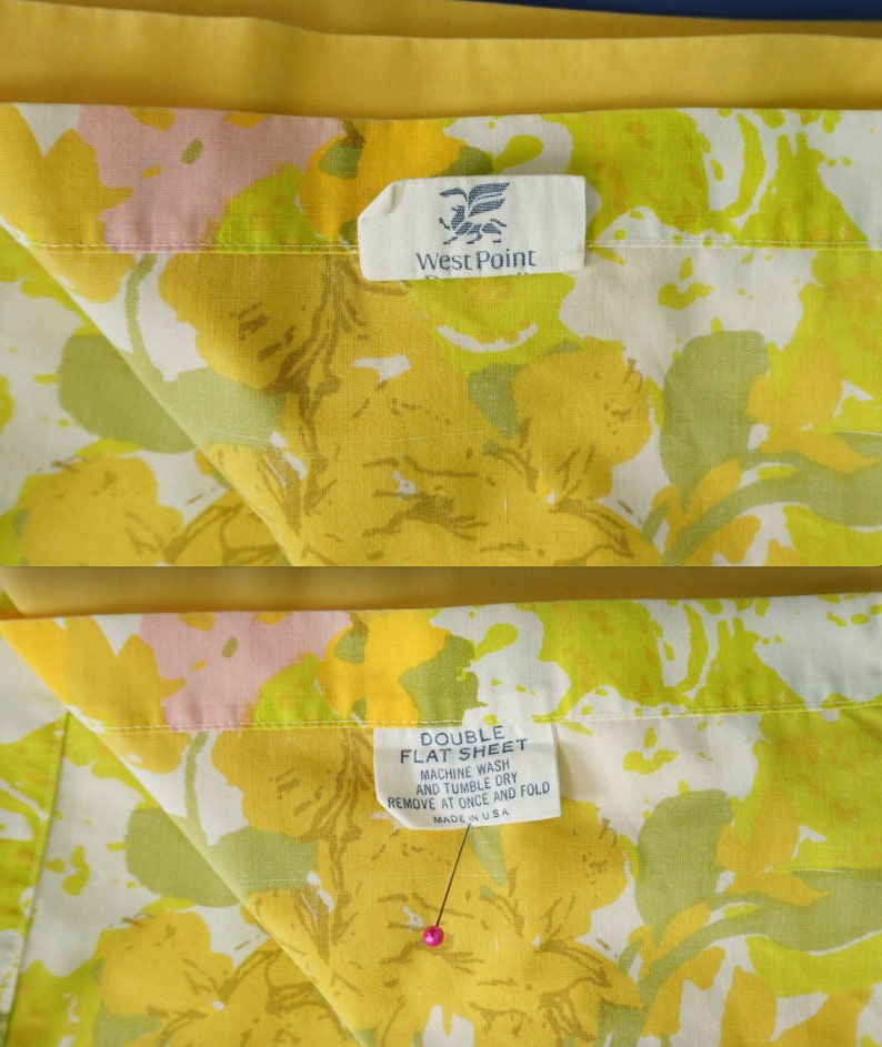 Pode incluir: Um len&ccedil;ol plano duplo amarelo, verde e rosa com flores com uma etiqueta West Point. A etiqueta diz "Double Flat Sheet, Machine Wash and Tumble Dry, Remove at Once and Fold, Made in USA."