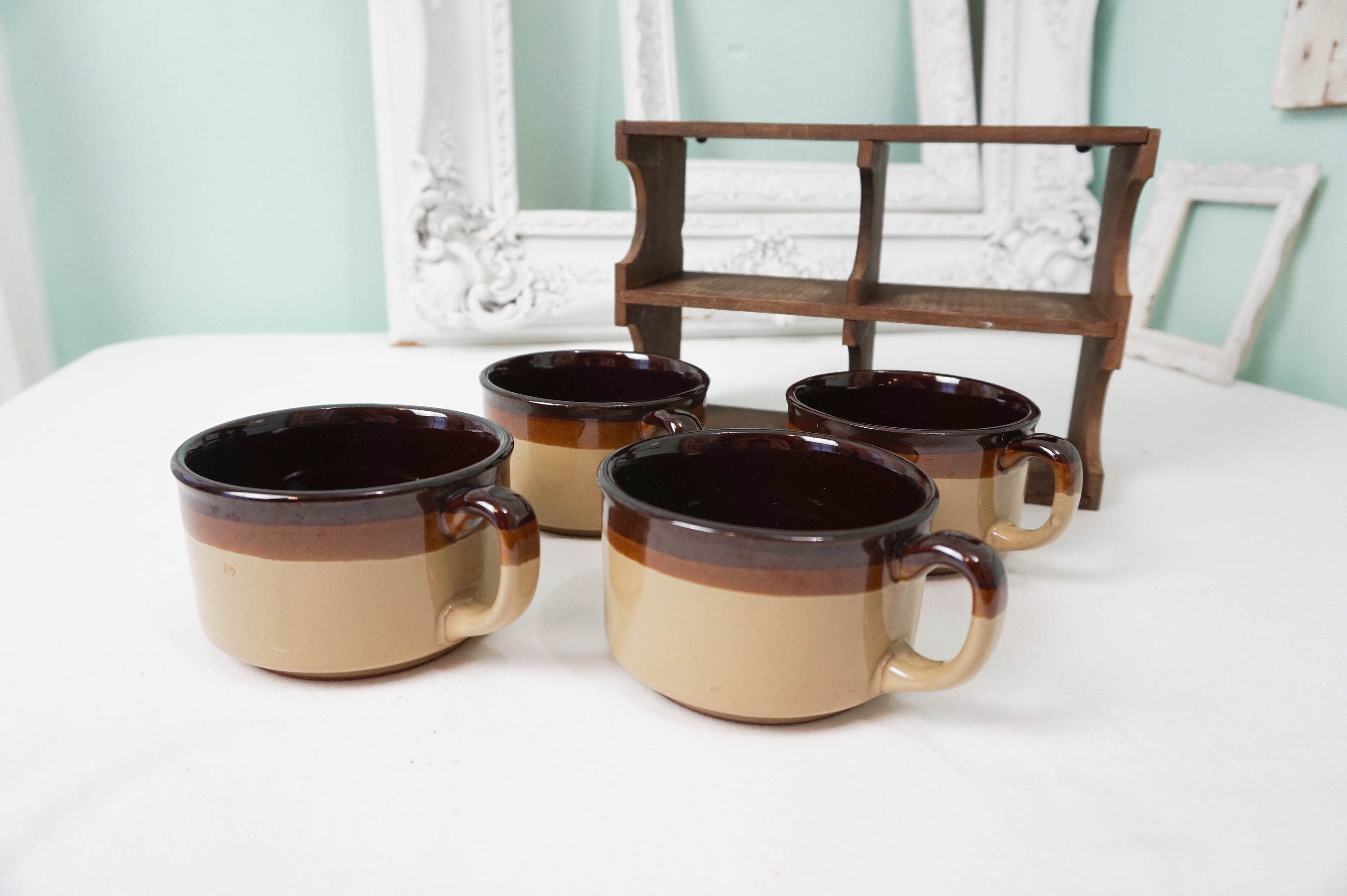 Four Stoneware Soup Mugs in Wooden Rack / Vintage Chili Crock Etsy