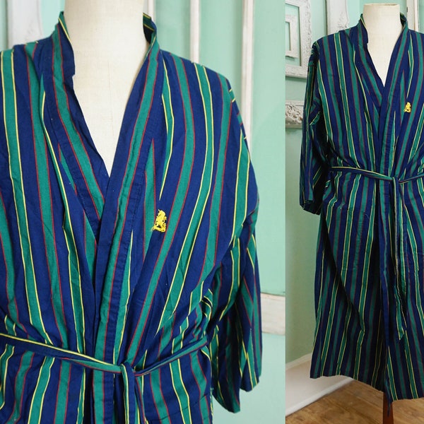 100% Cotton Blue and Green Pinstripe Bath Robe / Vintage Light Summer Dressing Gown