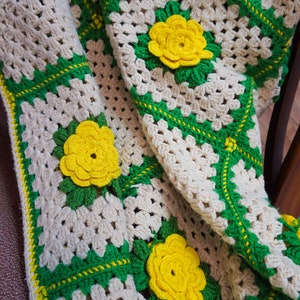 Large Tan and Green Afghan with Big Yellow 3D Flowers / Vintage Crocheted 54&quot; x 76&quot;