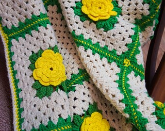 Large Tan and Green Afghan with Big Yellow Flowers in Relief / Vintage Crocheted 54" x 76"