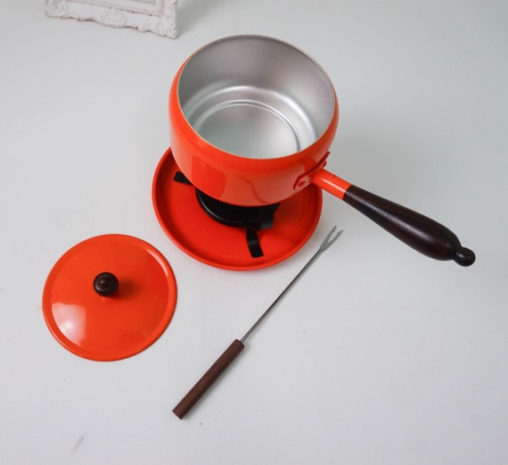 Mini Fondue Pot With Wooden Handle / Bright Orange 1970s Retro Cookware /  Mid Century Buffet Party Vintage / Small Fondue for One or Two 