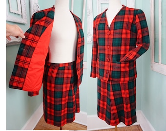 Wool Skirt Suit with Jacket / Vintage Women Sz Medium Coat / Retro Plaid Winter Clothing / Christmas Costume Photo Prop