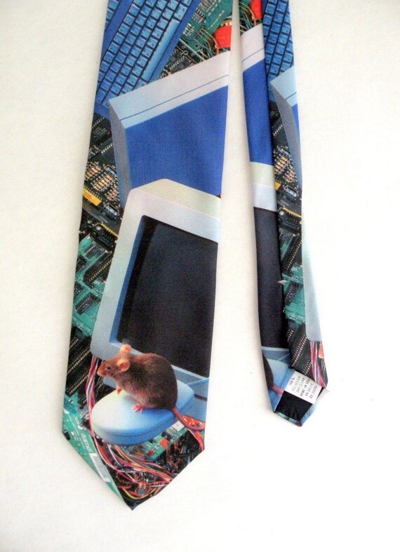 Mouse and Key Board Vintage Techie Computer Mouse and Cheese Addiction Neck Tie with Floppy Disk