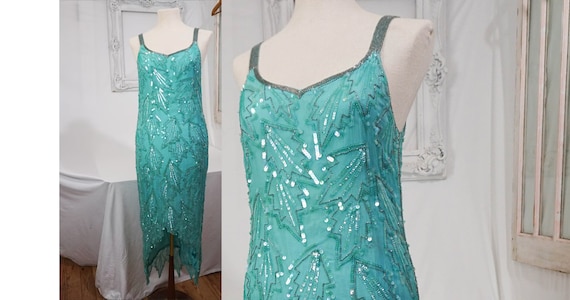 Aqua Shomax Silk and Sequin Cocktail Dress / 80s … - image 1