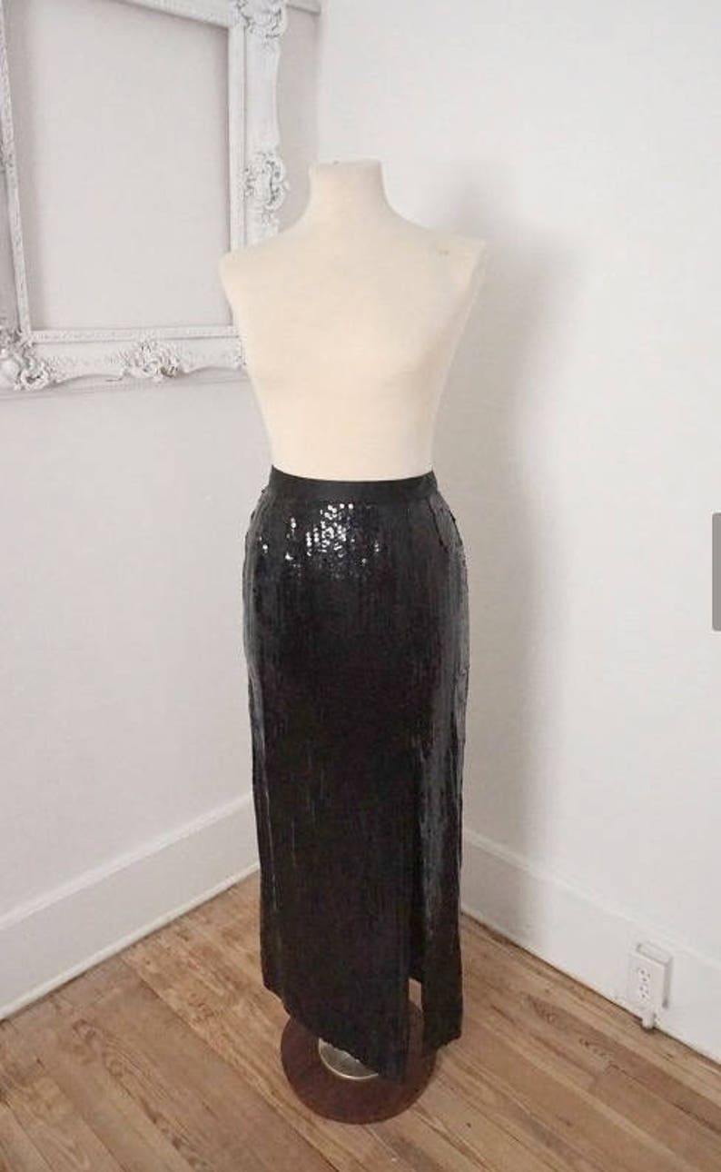 Vintage Victor Costa Long Black Sequin Skirt With Thigh High | Etsy