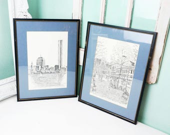 Choose One Clark M Goff Framed Print / John Hancock Tower Boston or Quincy Market / Vintage Fine Art /  Black and White Line Drawing