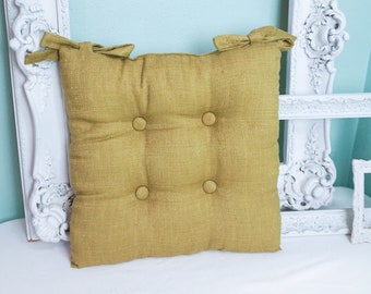 Mossy Green Textured Throw Pillow with Ties /Button Tufted Vintage Glam Decor