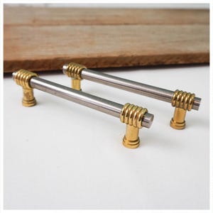 Stainless Steel and Brass Drawer Pulls or Cabinet Handles / Modern 80s Metal Decor / Vintage Replacement Cabinet Hardware