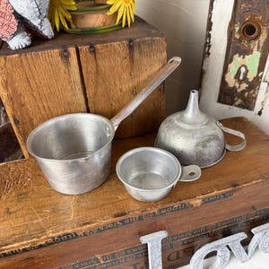 Three Rustic Aluminum Kitchen Implements / Small Funnel Measuring Cup / Vintage MCM Mid Century Kitchen Utensil / Camp Cooking Baking Scoop