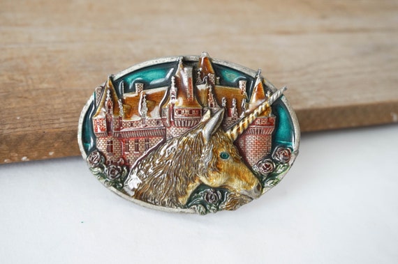 Pewter Unicorn Belt Buckle Bergamot Enameled Colo… - image 2