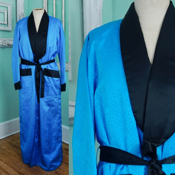 Blue Satin Asian Style Kimono Robe with Black Lapels and Sash / Vintage Full Length Mens Bathrobe Dressing Gown