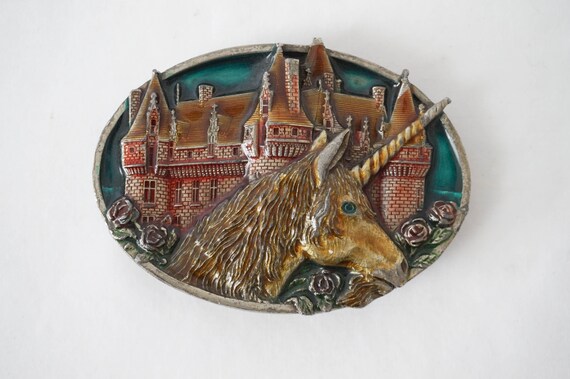 Pewter Unicorn Belt Buckle Bergamot Enameled Colo… - image 4