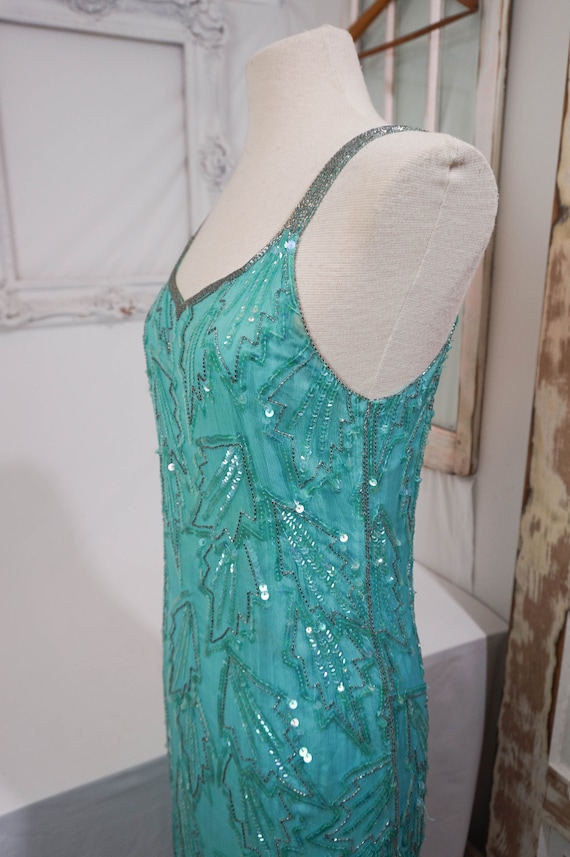 Aqua Shomax Silk and Sequin Cocktail Dress / 80s … - image 8