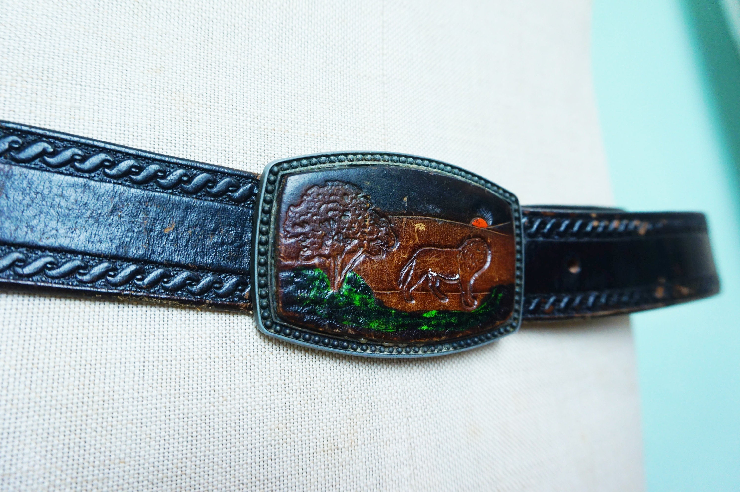 African Lion Leather Embossed Belt Buckle and Black Leather 