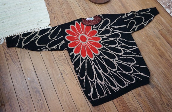 Oversized Black Sweater w BIg Flower in Red and M… - image 3