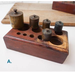 Solid Brass Apothecary Weights / Vintage Wooden Block / Antique Science Measuring Scale Tool